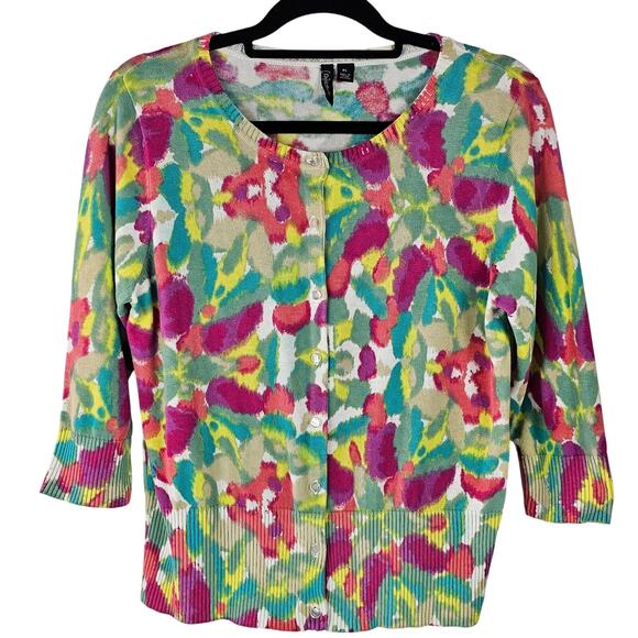 Relativity pink yellow green turquoise floral knit cardigan Pet. Large - Picture 1 of 7